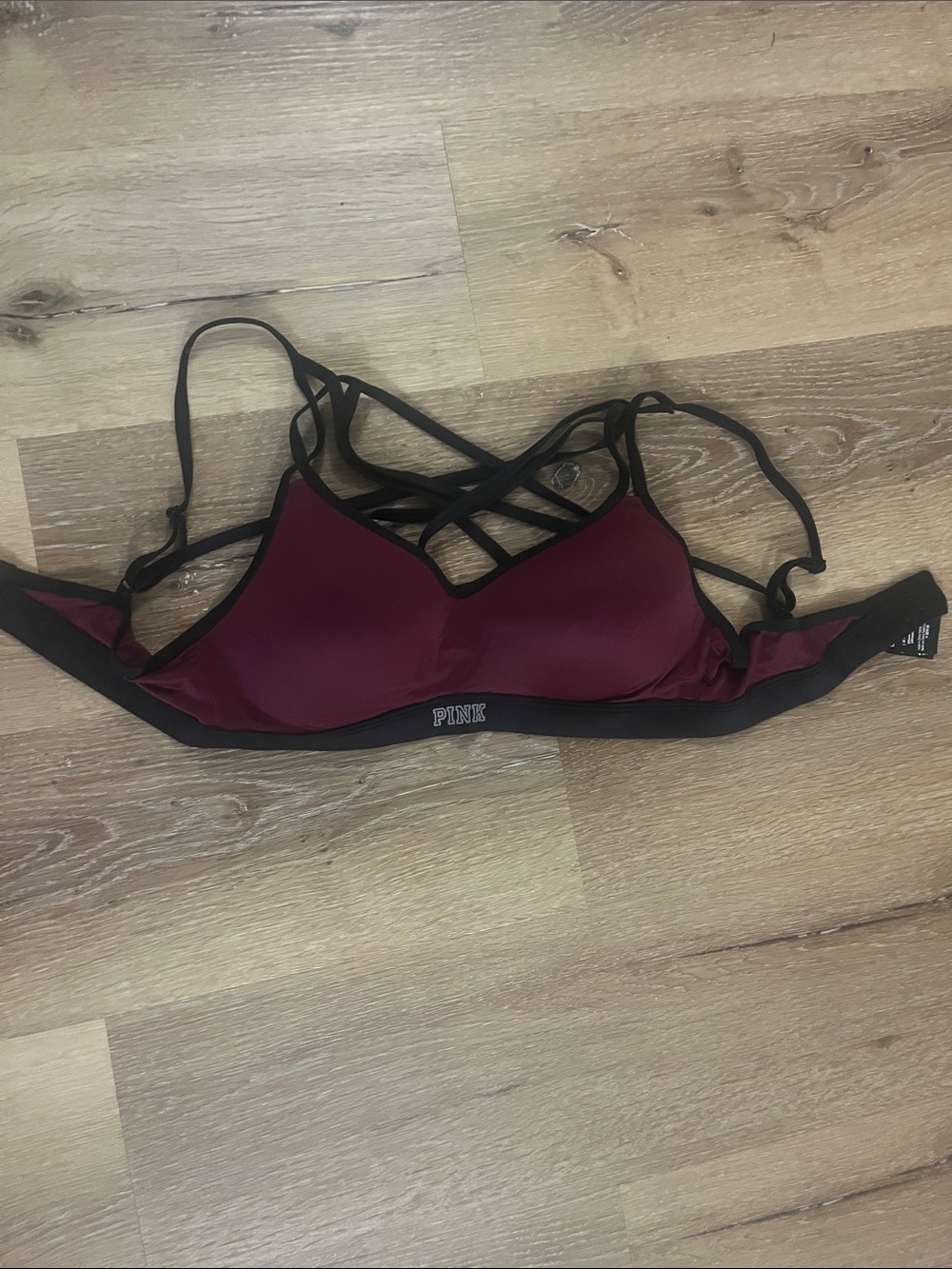 PINK Victoria's Secret Burgundy & Black Strappy Wireless Sports Bra
